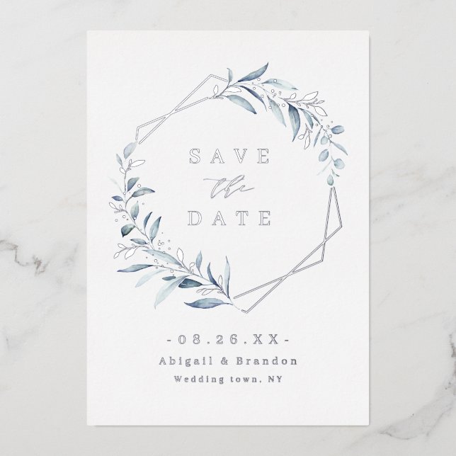 Invitación Con Relieve Metalizado Dusty Blue Greenery Silver Geometric Guardar fecha (Anverso)
