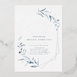 Invitación Con Relieve Metalizado Dusty Blue Greenery Silver Rústico Baby Shower