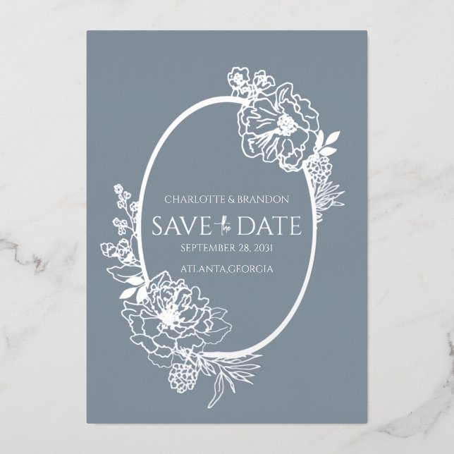 Invitación Con Relieve Metalizado Dusty Blue Modern Sketch Oval Save the Date (Anverso)