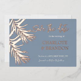 Invitación Con Relieve Metalizado Dusty Blue Palm Leaves Wedding Save The Date