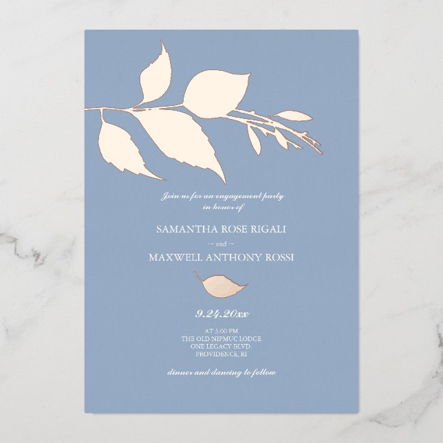 Invitación Con Relieve Metalizado Dusty Blue Rosa Gold Engagement Party (Anverso)