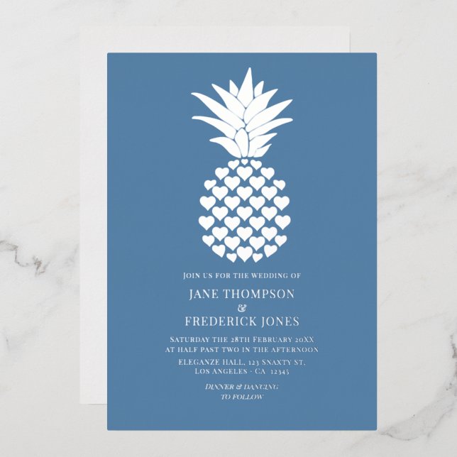 Invitación Con Relieve Metalizado Dusty Blue & Silver Tropical Pineapple Wedding (Anverso/Reverso)