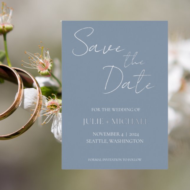 Invitación Con Relieve Metalizado Dusty Blue Simple Style Wedding Save the Date (In Situ Wedding)