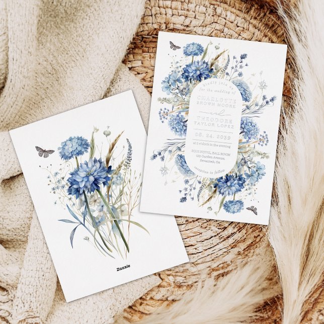 Invitación Con Relieve Metalizado Dusty Blue Wildflower Boho Moda Garden Wedding (Subido por el creador)