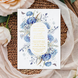 Invitación Con Relieve Metalizado Dusty Blue Wildflower Garden Wedding Gold