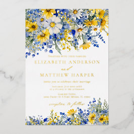 Invitación Con Relieve Metalizado Dusty Blue Yellow Daisy Wildflowers Boho Wedding