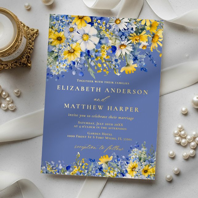 Invitación Con Relieve Metalizado Dusty Blue Yellow Daisy Wildflowers Boho Wedding (Subido por el creador)