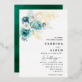 Invitación Con Relieve Metalizado Dusty Emerald Greenery Boda Floral Blanca