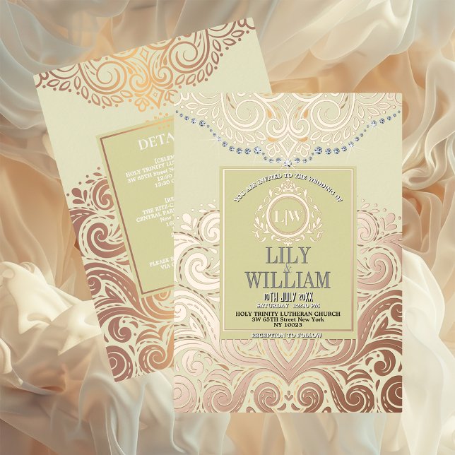 Invitación Con Relieve Metalizado Dusty Ivory RoseGold Classic Monograma Boho Boda (Luxurious Elegant Classic Boho Wedding Invitation - Real Foil and Monogram)