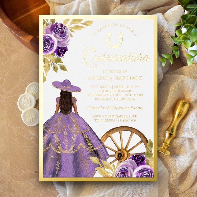Invitación Con Relieve Metalizado Dusty Lilac Vestido Floral Charro Quinceanera Gold (Subido por el creador)