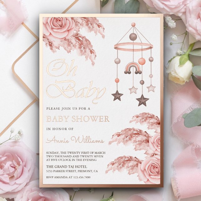 Invitación Con Relieve Metalizado Dusty Pampas Boho Rainbow Baby Shower Rosa Gold (Subido por el creador)