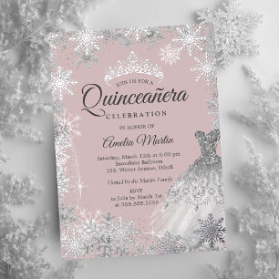 Invitación Con Relieve Metalizado Dusty Pink Quinceañera Copo de Nieve Invernal Plat