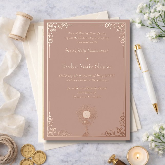 Invitación Con Relieve Metalizado Dusty Pink Rose Gold Chalice Communion (Subido por el creador)