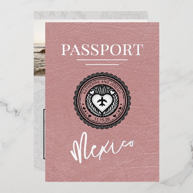 Invitación Con Relieve Metalizado Dusty Rosa Boda de Pasaportes de México (Anverso/Reverso)