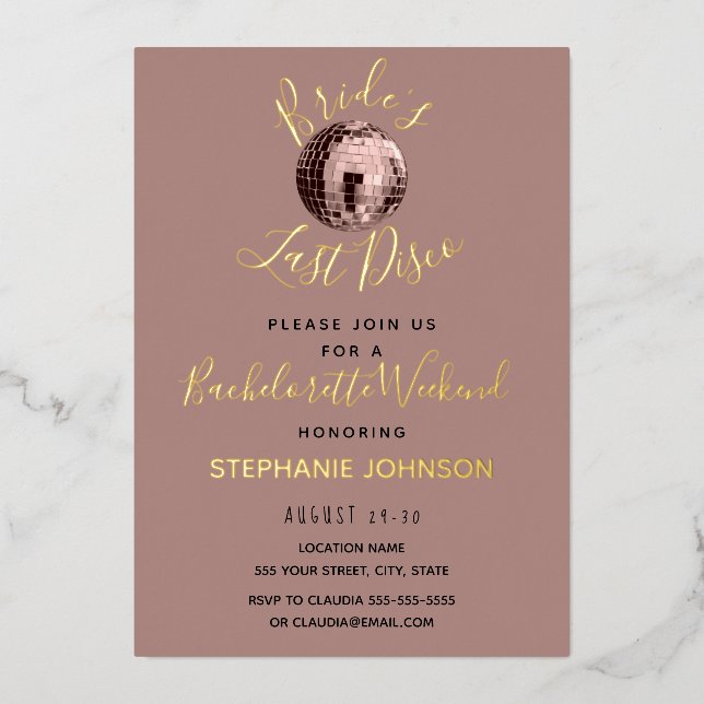 Invitación Con Relieve Metalizado Dusty Rosa Last Disco Bachelorette Weekend (Anverso)