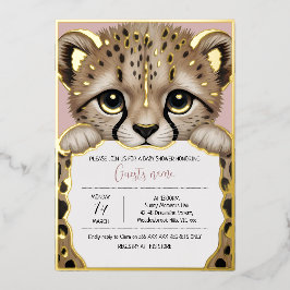 Invitación Con Relieve Metalizado Dusty Rose Cub Fiesta de Bebé