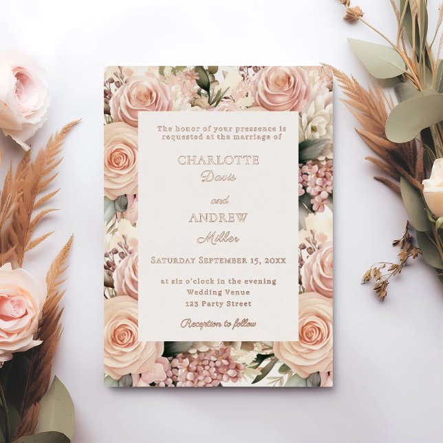 Invitación Con Relieve Metalizado Dusty rose mauve ivory florals luxury wedding rose (Subido por el creador)