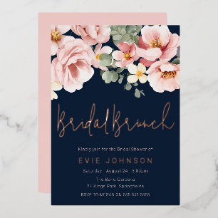 Invitación Con Relieve Metalizado Dusty Rose Navy Desayuno Brunch de Boda Rose Gold