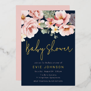 Invitación Con Relieve Metalizado Dusty Rose y Azul Marino Baby Shower Dorado