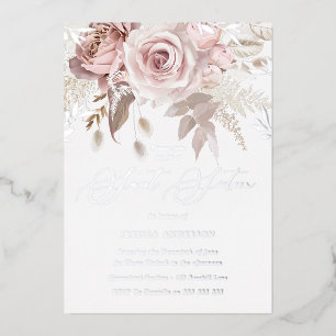Invitación Con Relieve Metalizado Dusty Rose y Blush Floral Plata Foil Dulces 16