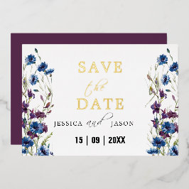 Invitación Con Relieve Metalizado Dusty Royal Azul Azul Morado Floral Salvar La Fech
