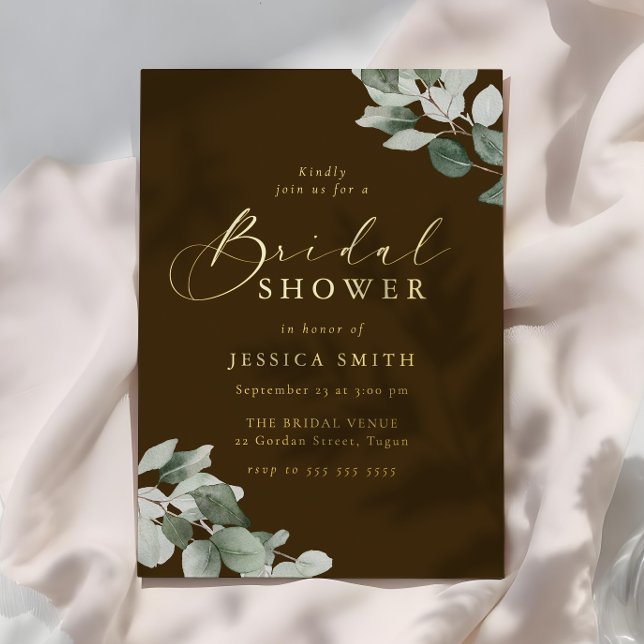 Invitación Con Relieve Metalizado Earthy Green Leaves Rustic Gold Bridal Shower (Subido por el creador)