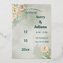 Invitación Con Relieve Metalizado Earthy Shades Flowers Boho Elegant Sage Green 