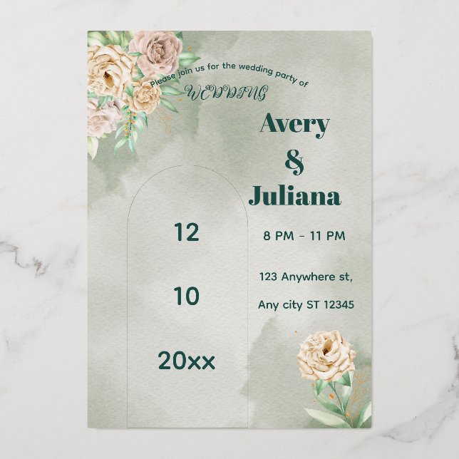 Invitación Con Relieve Metalizado Earthy Shades Flowers Boho Elegant Sage Green  (Anverso)