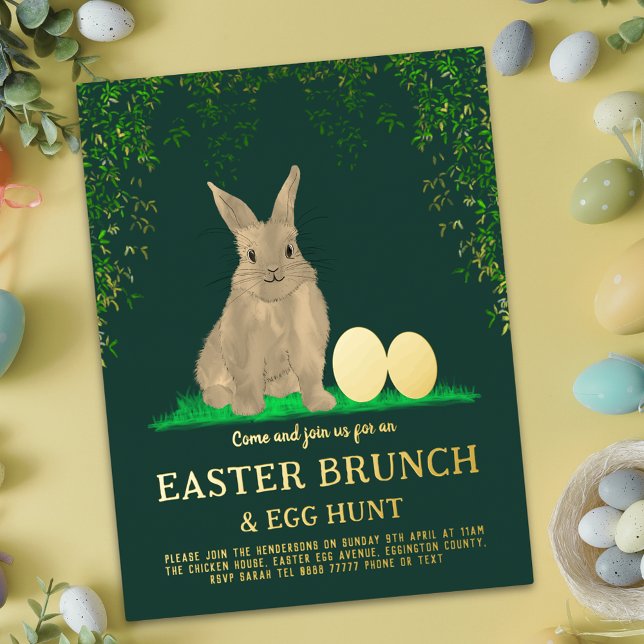 Invitación Con Relieve Metalizado Easter Egg Hunt Spring Brunch Cute Bunny Eggs Gold (Easter egg hunt spring brunch cute bunny watercolor golden eggs green and gold foil party invitation)