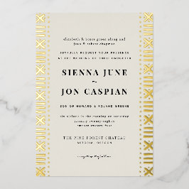 Invitación Con Relieve Metalizado Ecru Boho Mudcloth Border