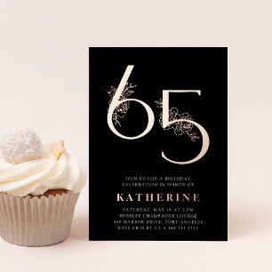 Invitación Con Relieve Metalizado Edad de Oro   Cumpleaños 65 Fiesta Rosa Dorado
