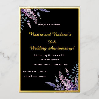 Invitación Con Relieve Metalizado Editable Purple and Pink Flowers Anniversary
