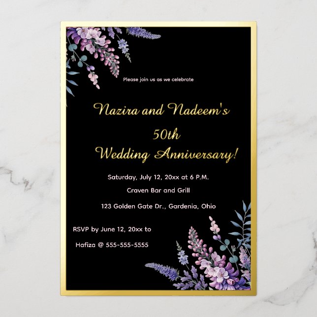 Invitación Con Relieve Metalizado Editable Purple and Pink Flowers Anniversary (Anverso)