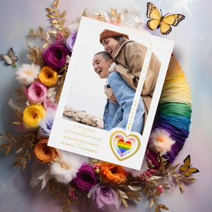 Invitación Con Relieve Metalizado Efecto Dorado Real Orgullo Arcoíris Corazón Lesbia