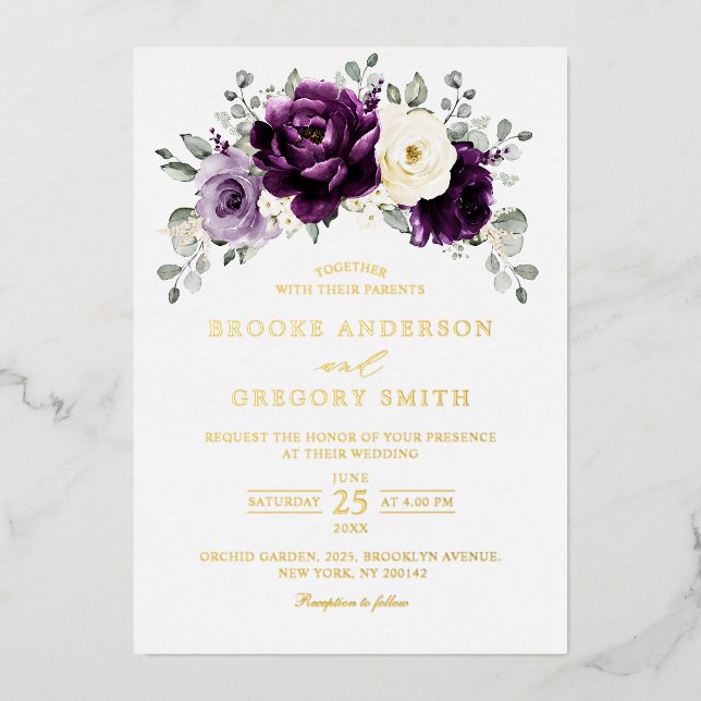 Invitación Con Relieve Metalizado Eggplant Purple Plum Marfil White Floral Boda (Anverso)