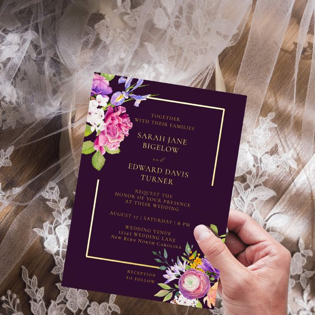Invitación Con Relieve Metalizado Eggplant Purple Ranunculus Floral (Subido por el creador)