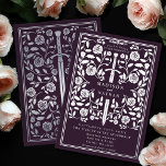 Invitación Con Relieve Metalizado Eggplant Royal Medieval Silver Sword Wedding<br><div class="desc">Celebrate your special day with this Royal Medieval Sword Wedding design on an eggplant. This design features a frame with a sword and flowers. The silver on the back of this product is printed in flat colors and is NOT real foil.</div>