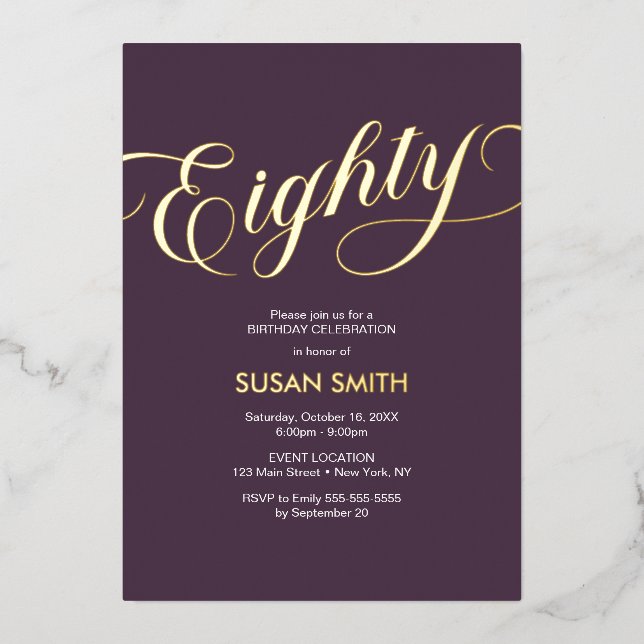 Invitación Con Relieve Metalizado Eighty Birthday Elegant Invitation Foil Invitation (Anverso)