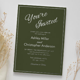 Invitación Con Relieve Metalizado Ejército de guión minimalista verde de boda