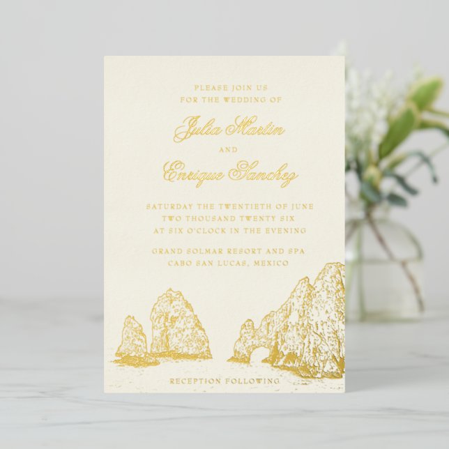 Invitación Con Relieve Metalizado El Arco Cabo San Lucas Arch Weddining (Anverso de pie)