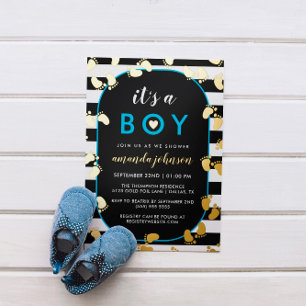 Invitación Con Relieve Metalizado El azul negro dorado es una huella de niño