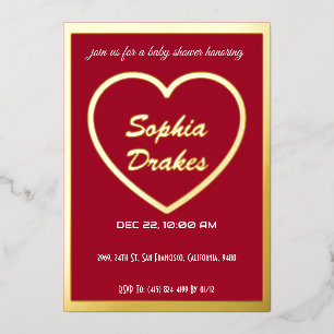Invitación Con Relieve Metalizado El clásico corazón dorado sobre el Baby Shower roj