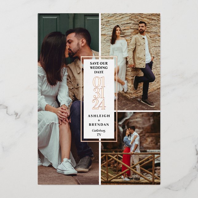 Invitación Con Relieve Metalizado El Collage de fotos moderno salva la fecha (Anverso)