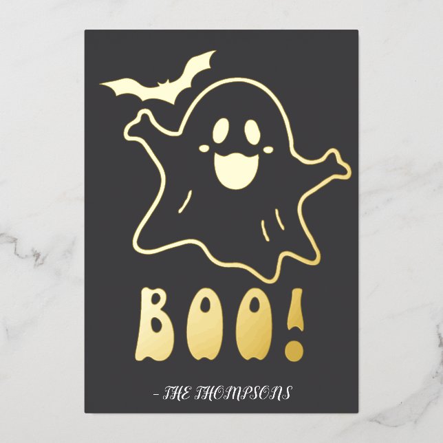 Invitación Con Relieve Metalizado El fantasma lindo "Boo". Diseño de Halloween con m (Anverso)