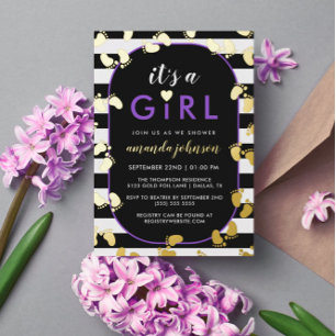 Invitación Con Relieve Metalizado El negro morado dorado es una huella de bebé de un