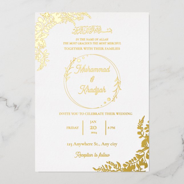 Invitación Con Relieve Metalizado El oro deja a la Boda musulmana blanca (Anverso)