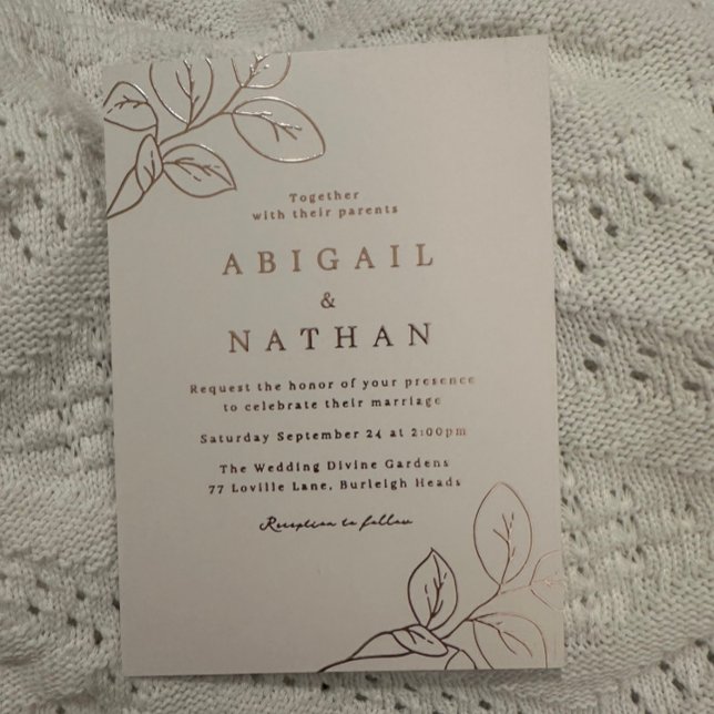 Invitación Con Relieve Metalizado El oro Rosa deja una elegante boda (Subido por el creador)