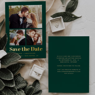 Invitación Con Relieve Metalizado El oro verde moderno minimal de 3 fotos salva la f