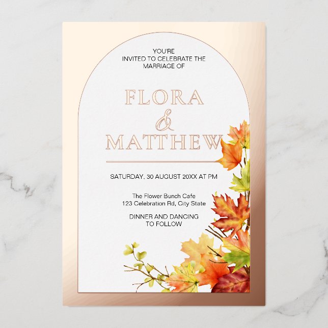 Invitación Con Relieve Metalizado El otoño deja el Gold Boho Classic | Boda moderno (Anverso)