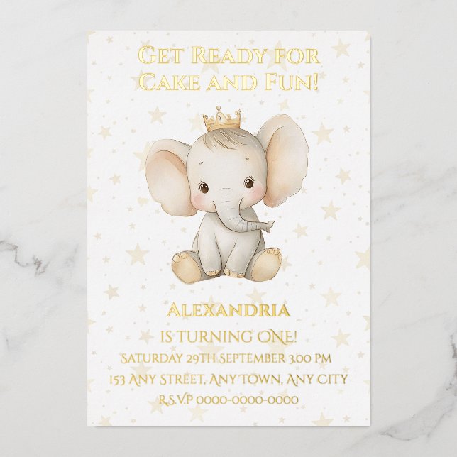 Invitación Con Relieve Metalizado El primer cumpleaños de la princesa elefante perso (Anverso)